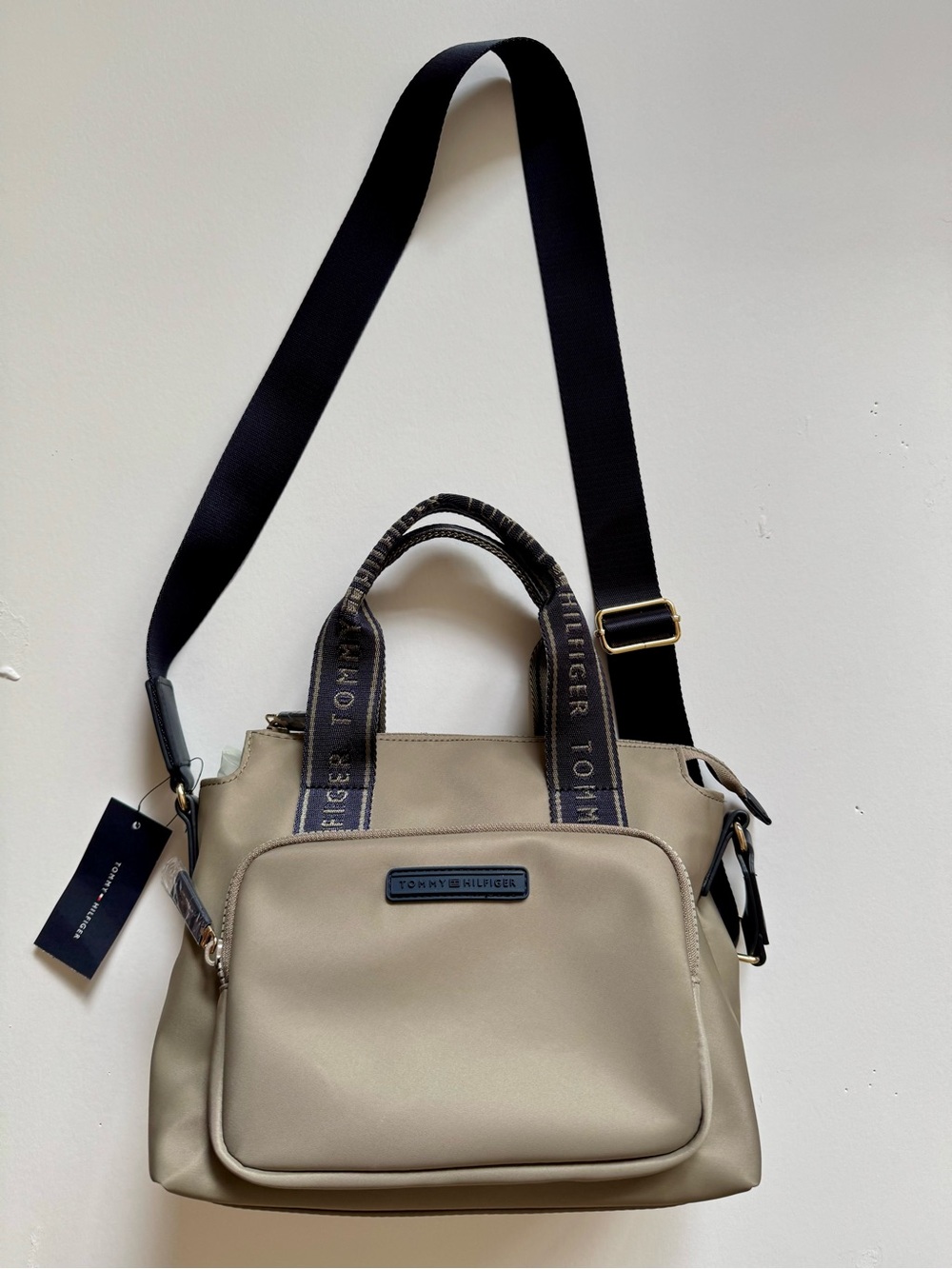 Tommy Hilfiger Beige Messenger Bag with Navy Strap Details